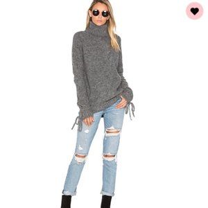 Lovers & Friends Kate Sweater: Grey Slouchy Sweater w/ Lace up Sleeve Detail